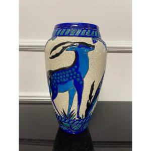 Charles Catteau - Boch La Louvière Vase With Deer Art Deco